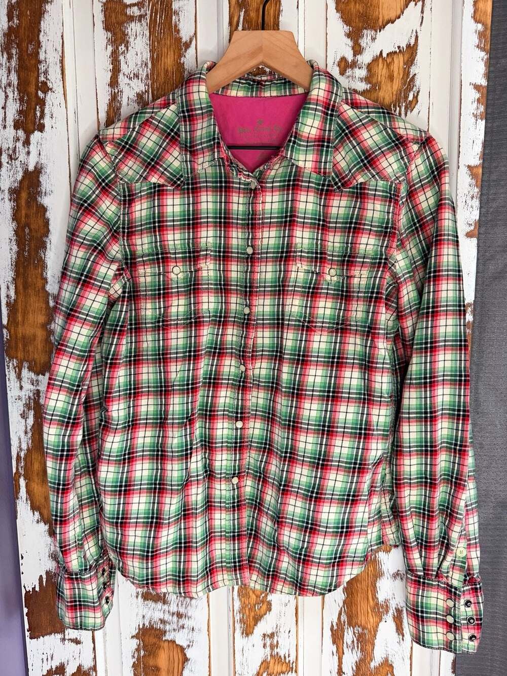 Ralph Lauren Green Red Plaid Western Pearl Snap Shirt Size Large Vintage Rodeo